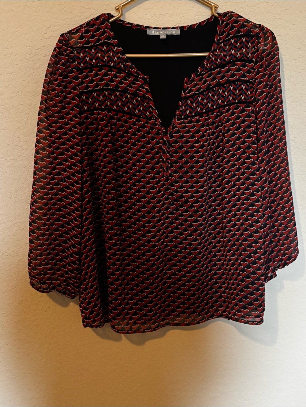Daniel Rainn Red and Black Geometric V-Neck Blouse